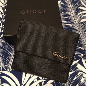 AUTHENTIC Gucci Denim Wallet with Gold Script Logo